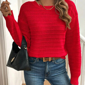 Red Casual Women's Elegant Bowknot Decor Drop Shoulder Sweater